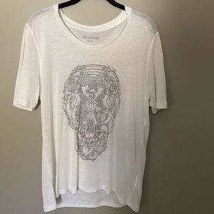 White tee with black botanical skull design